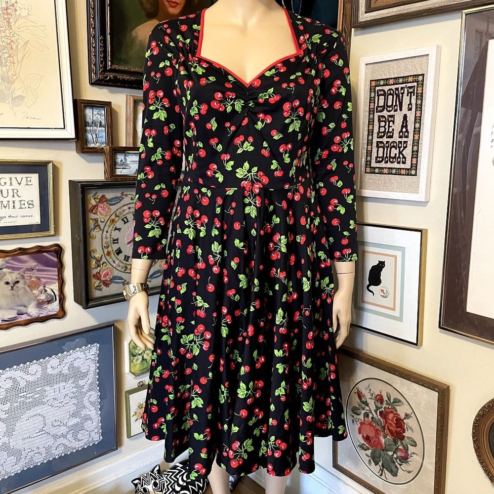 Pin Up Girl Couture Cherry Print Heidi Dress with Long Sleeves and Pockets 2X